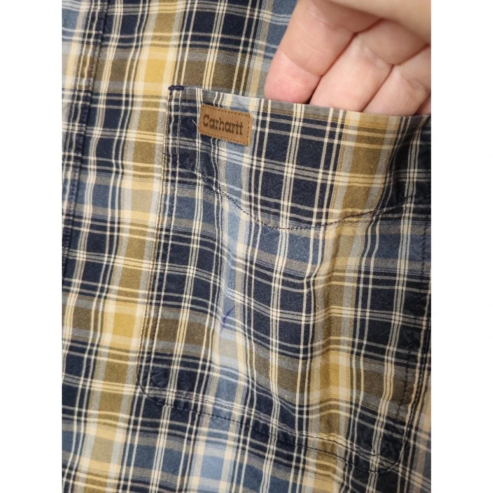 Carhartt Mens Medium Button Down Plaid Long Sleeve Shirt Cotton Leather Logo NEW